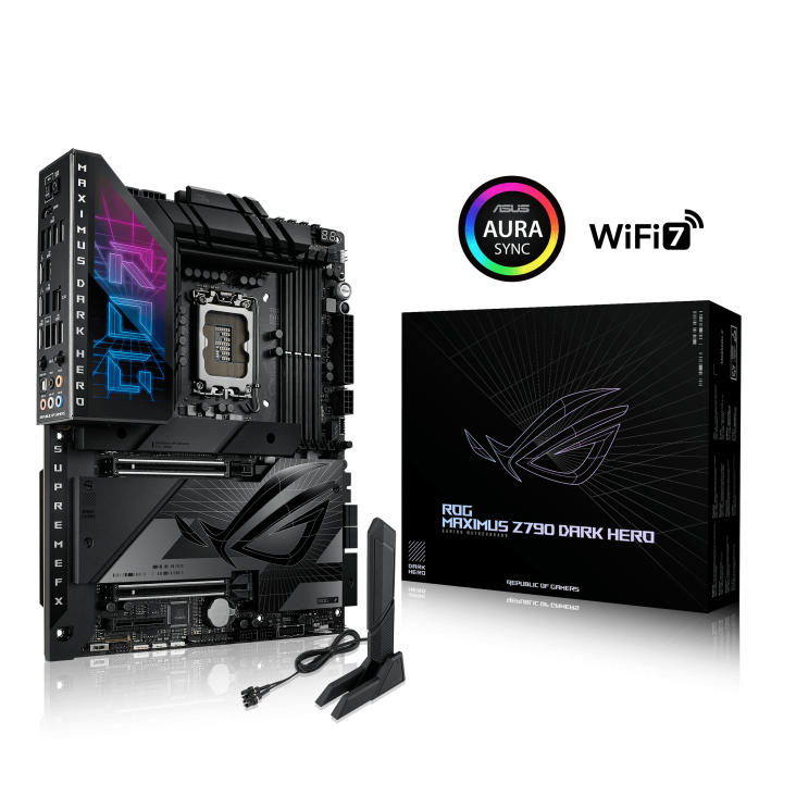 

Материнская плата ASUS ROG MAXIMUS Z790 DARK HERO, Socket1700, Intel Z790, 4xDDR5 DIMM, 2PCI-Ex16, 4SATA3, 7.1-ch, 2.5GLAN, 13 USB 3.2, 2 USB Type-C, HDMI, ATX, Retail, ROG MAXIMUS Z790 DARK HERO