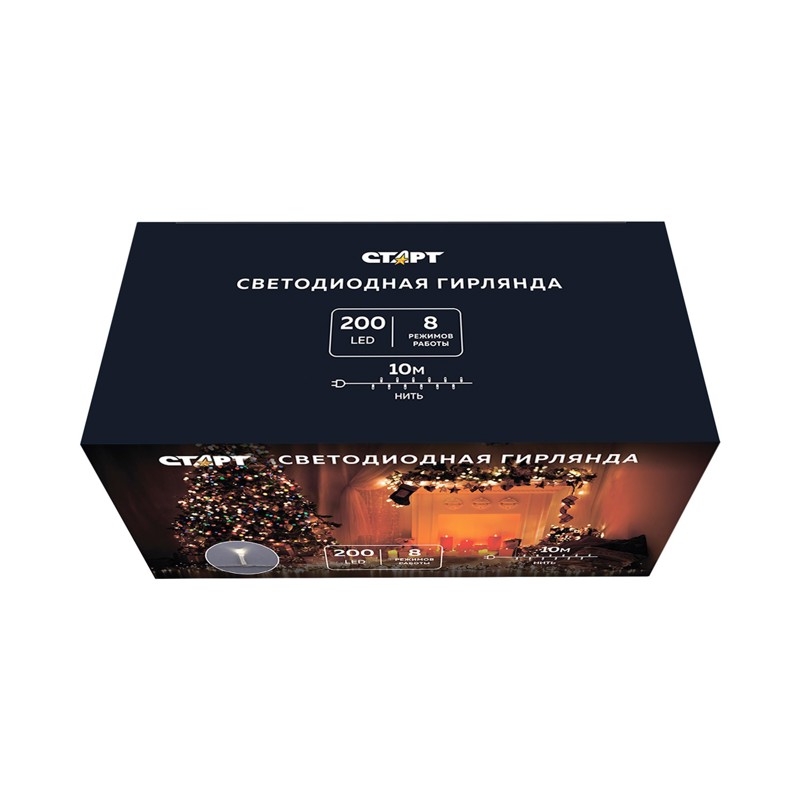 

Гирлянда СТАРТ светодиодная нить, ламп: 200 шт., 10 м, режимов: 8, от сети, белый (4610116202463)