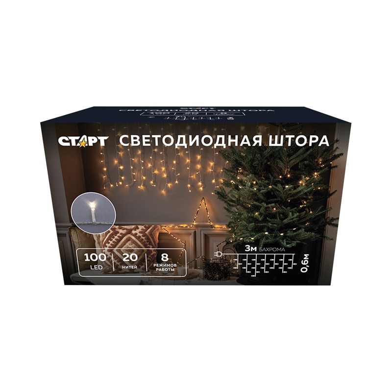 

Гирлянда СТАРТ светодиодная бахрома, ламп: 100 шт., 3 м, режимов: 8, от сети, теплый белый (4670042081563)
