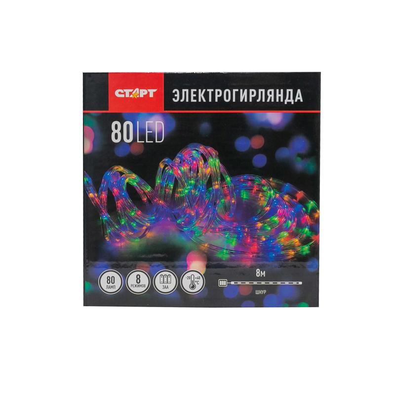 

Гирлянда СТАРТ светодиодная нить, ламп: 80 шт., 8 м, режимов: 8, от батареек, разноцветный (4670042081457)