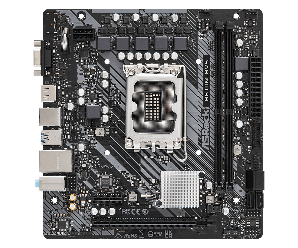 Материнская плата ASRock H610M-HVS, Socket1700, Intel H610, 2xDDR4, PCI-Ex16, 4SATA3, 7.1-ch, GLAN, 4 USB 3.2, VGA, HDMI, mATX, Bulk