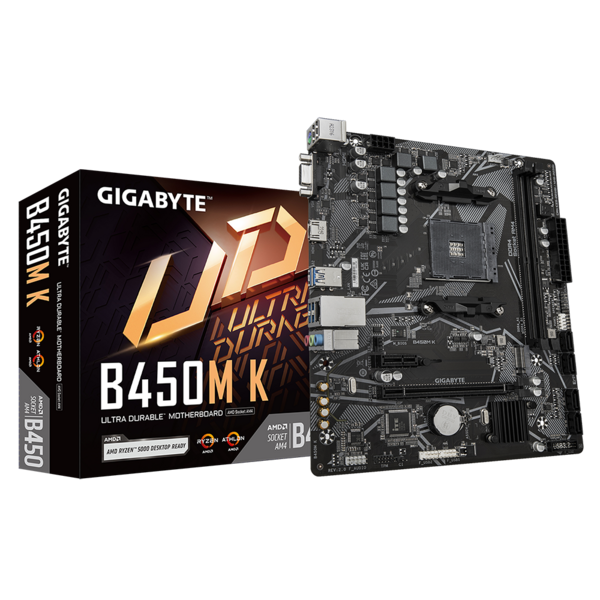 Материнская плата GIGABYTE B450M K 2.0, SocketAM4, AMD B450, 2xDDR4, PCI-Ex16, 4SATA3, 7.1-ch, GLAN, 6 USB 3.2, VGA, HDMI, mATX, Retail