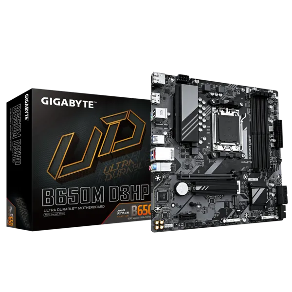 Материнская плата GIGABYTE B650M D3HP, AM5, AMD B650, 4xDDR5 DIMM, PCI-Ex16, 4SATA3, 7.1-ch, 2.5GLAN, 5 USB 3.2, 2 USB Type-C, HDMI, DP, mATX, Retail