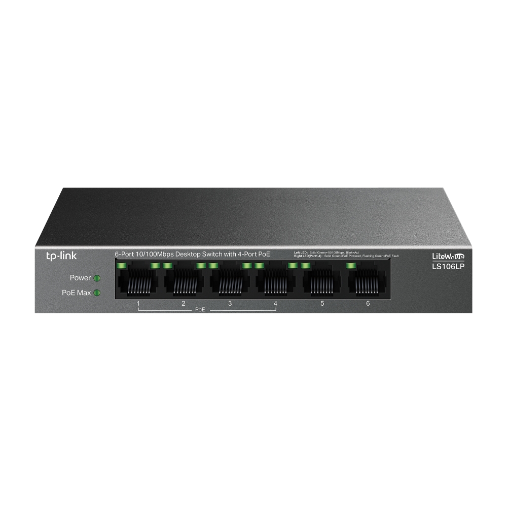 

Коммутатор TP-Link LS106LP, кол-во портов: 6x100 Мбит/с, PoE: 4x15 Вт (макс. 41 Вт), LS106LP