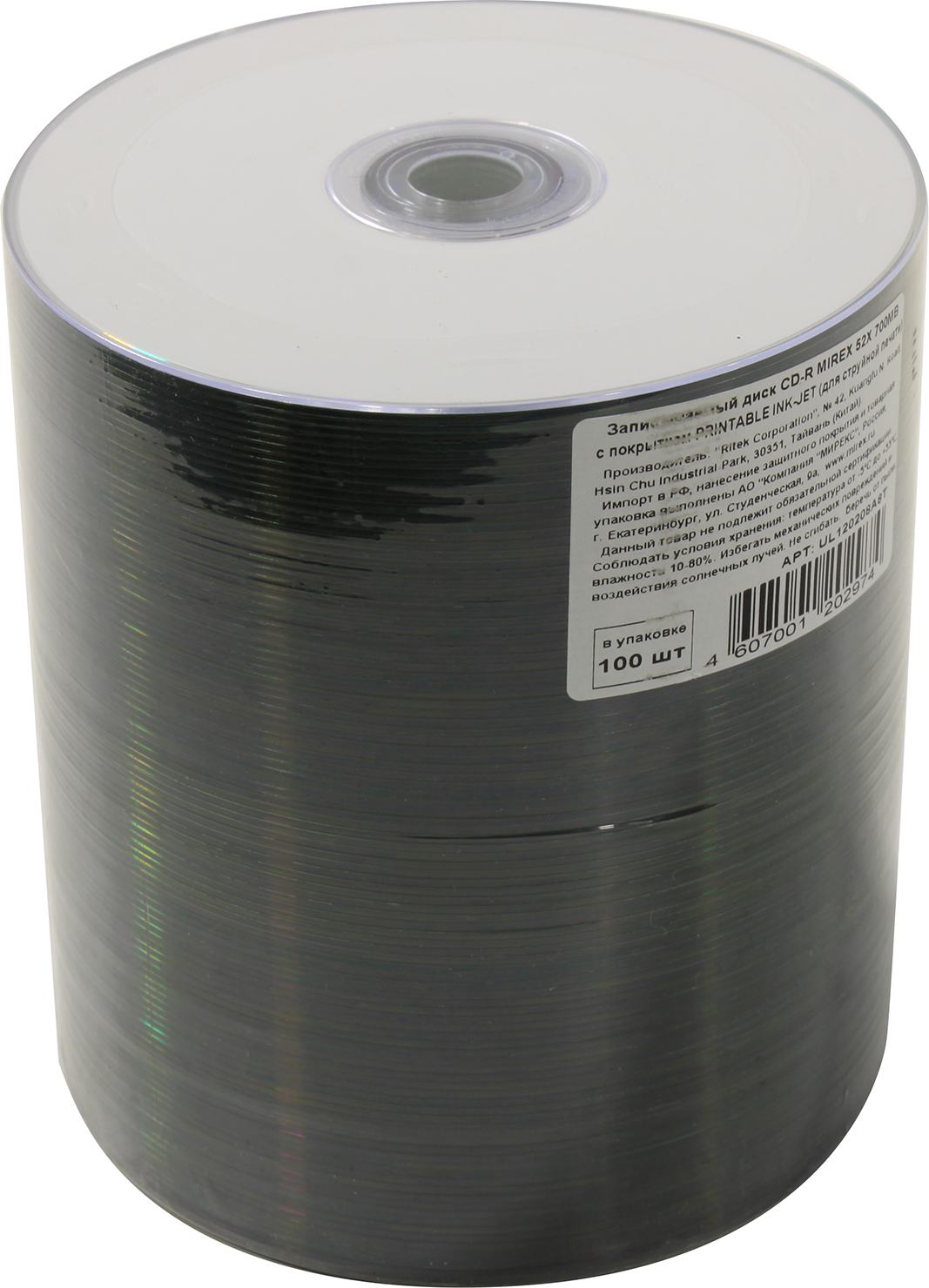 Диск Mirex CD-R, 700Mb, 52x, термопленка, 100 шт, Printable (UL120208A8T)