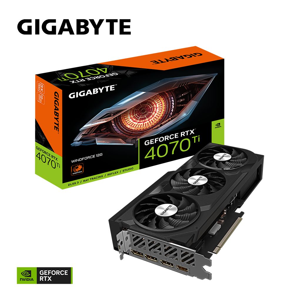 

Видеокарта GIGABYTE NVIDIA GeForce RTX 4070Ti WINDFORCE OC, 12Gb DDR6X, 192 бит, PCI-E, HDMI, 3DP, Retail (GV-N407TWF3-12GD), WINDFORCE OC