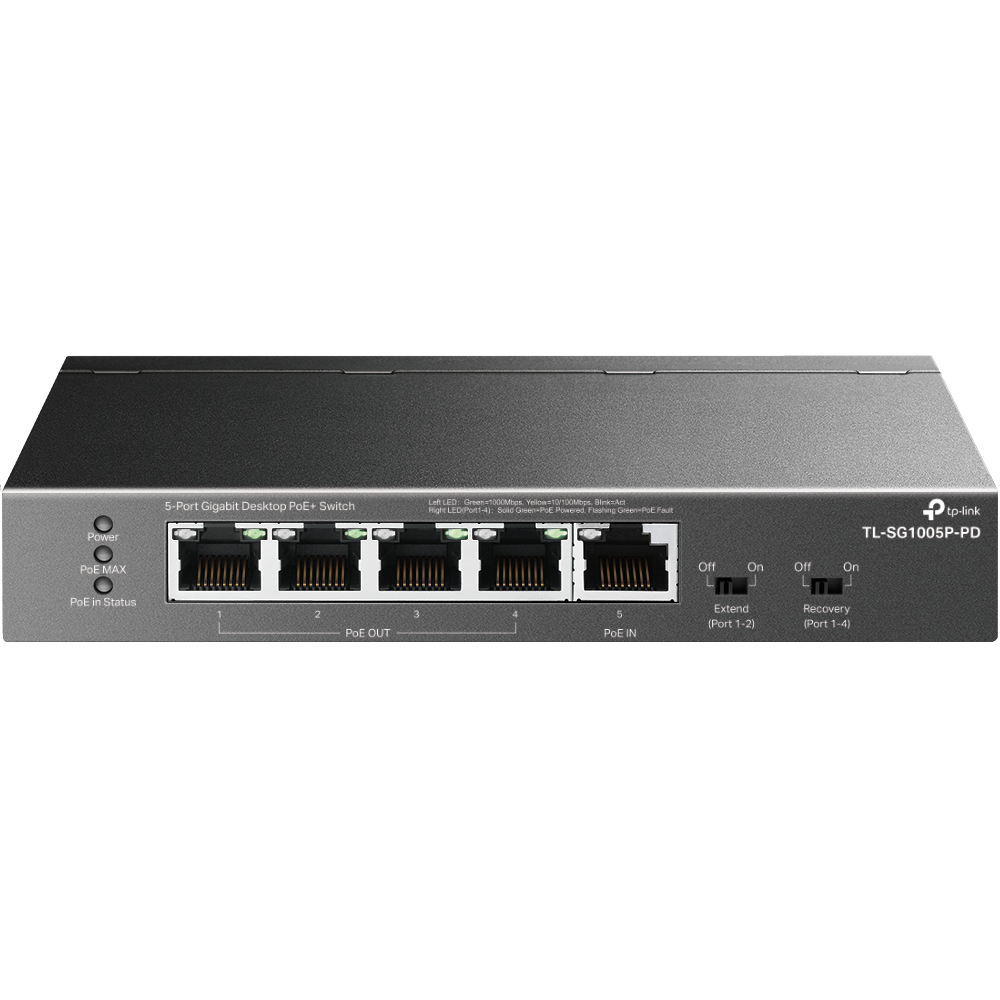 

Коммутатор TP-Link TL-SG1005P-PD, кол-во портов: 5x1 Гбит/с, PoE: 4x30 Вт (макс. 66 Вт), TL-SG1005P-PD