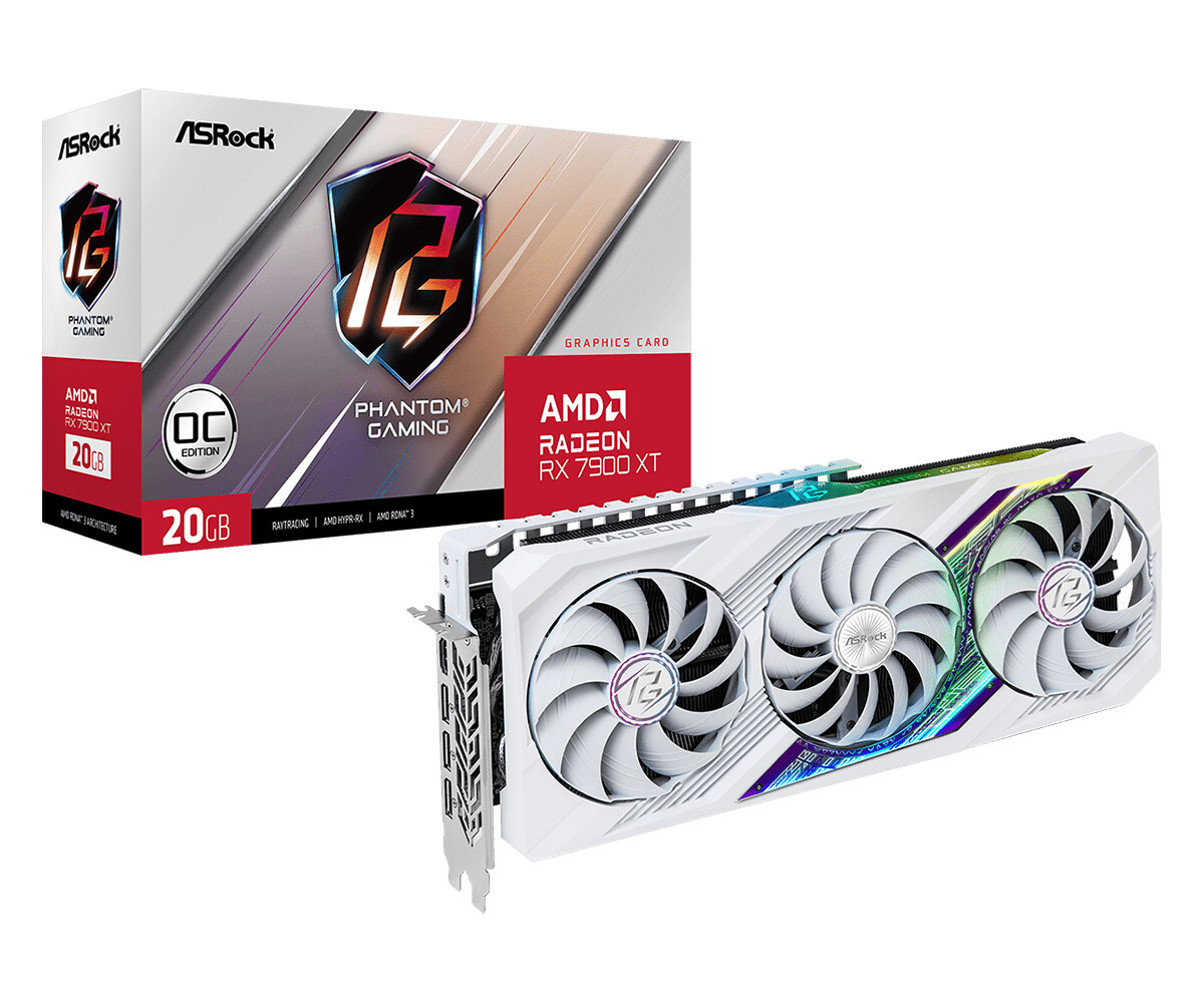 

Видеокарта ASRock AMD Radeon RX 7900 XT Phantom Gaming White OC, 20Gb GDDR6, 320 бит, PCI-E, HDMI, 3DP, Retail (RX7900XT PGW 20GO), Phantom Gaming White OC
