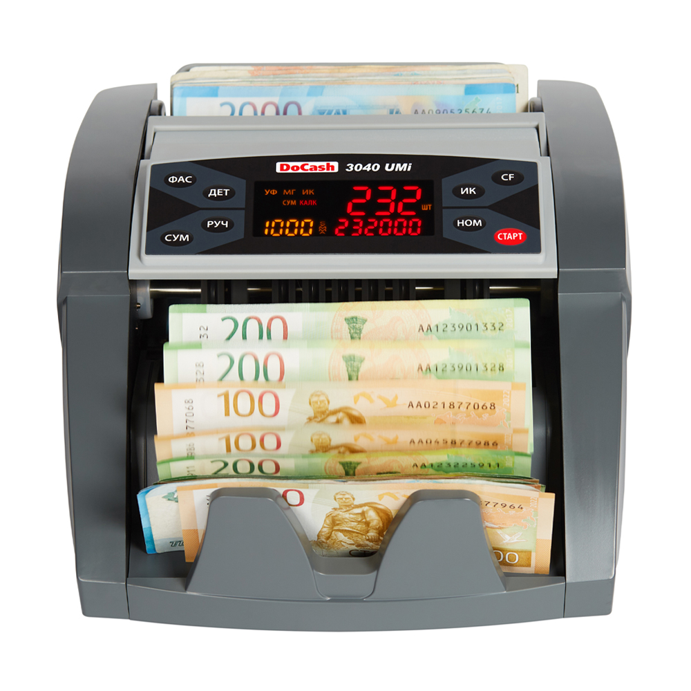 

Счетчик банкнот DoCash 3040 Umi, рубли, детекция купюр, 1300 банкнот в минуту, емкость карманов:250/200 банкнот (14358), 3040 Umi