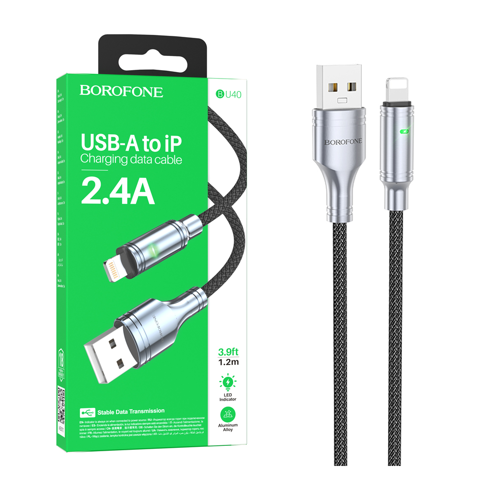 

Кабель USB-Lightning 8-pin, быстрая зарядка, 2.4А, 1.2 м, черный, Borofone BU40, BU40
