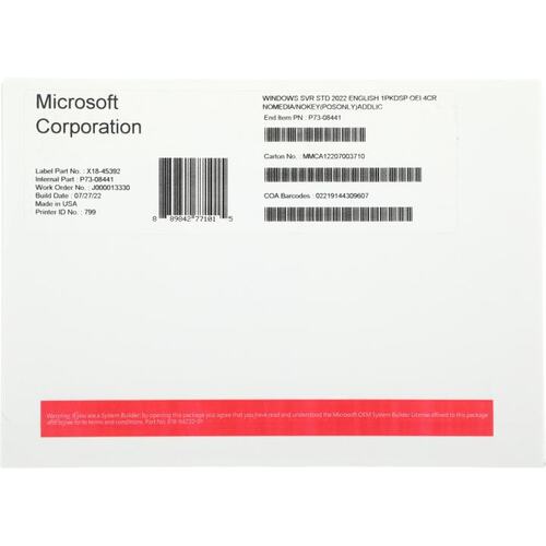 Программное обеспечение Microsoft Windows Server Standard 2022, English, 4 Core, NoMedia, NoKey, (POSOnly) (P73-08441)