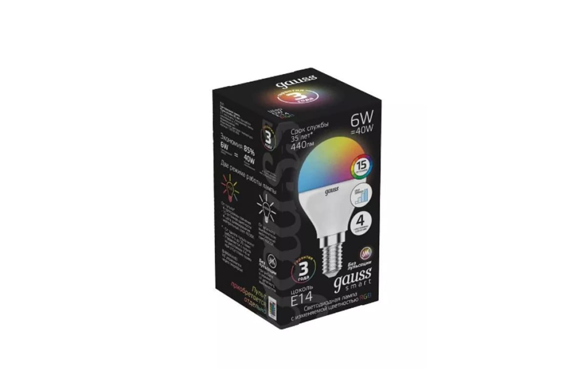 

Лампа светодиодная E14 шар/G45, 6 Вт, 3000 K-6500 K / RGB, 440лм, диммируемая, 220 В, Gauss 105101406 (105101406), 105101406