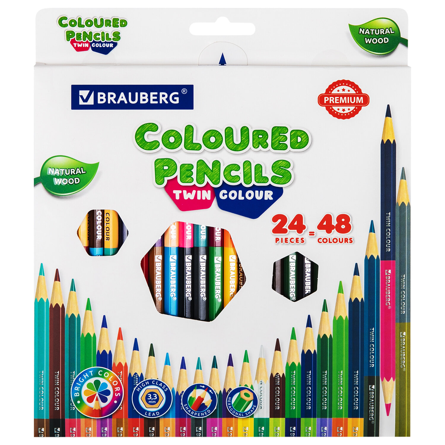 

Набор цветных карандашей BRAUBERG PREMIUM TWIN COLOR, шестигранные, 24 шт., заточенные (181875)