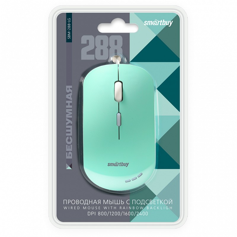 

Мышь проводная SmartBuy 288, 2400dpi, оптическая светодиодная, USB, зеленый (SBM-288-LG), 288