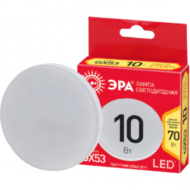 

Лампа светодиодная GX53, T75, 6 Вт, 480лм, 2700 K/теплый, 80 Ra, ЭРА GX-10W-827-GX53R ECO LED (Б0054246), ECO LED