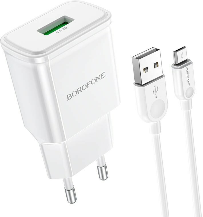 

Сетевое зарядное устройство Borofone Heavenly BA59A 18 Вт, USB, EU, Quick Charge, белый (6974443380194), кабель microUSB, BA59A