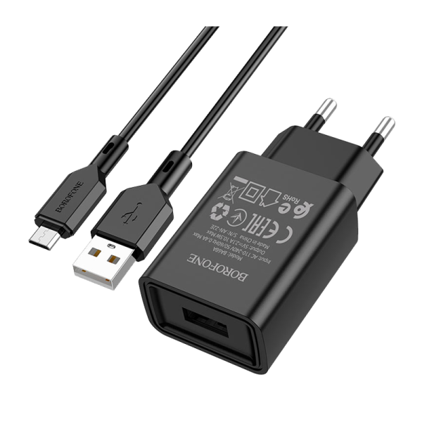 

Сетевое зарядное устройство Borofone Glacier BA68A, USB, EU, черный (6974443385700), micro USB, BA68A