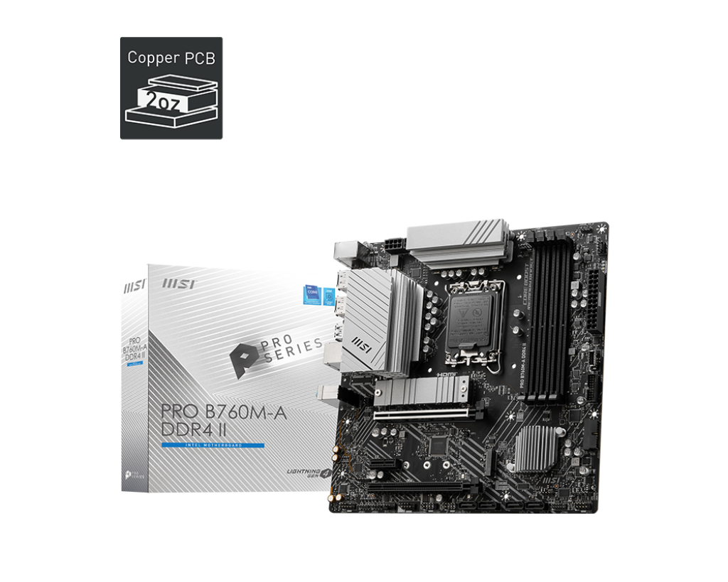 

Материнская плата MSI PRO B760M-A DDR4 II, Socket1700, Intel B760, 4xDDR4, 2PCI-Ex16, 4SATA3, 7.1-ch, 2.5GLAN, 8 USB 3.2, 1 USB Type-C, HDMI, DP, mATX, Retail, PRO B760M-A DDR4 II