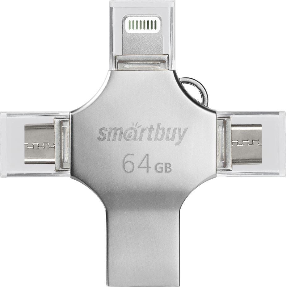 

Флешка 64Gb USB 3.0/Lightning/USB Type-C/micro USB SmartBuy MC15 Metal Quad 4-in-1, серебро (SB064GBMC15), Metal Quad 4-in-1