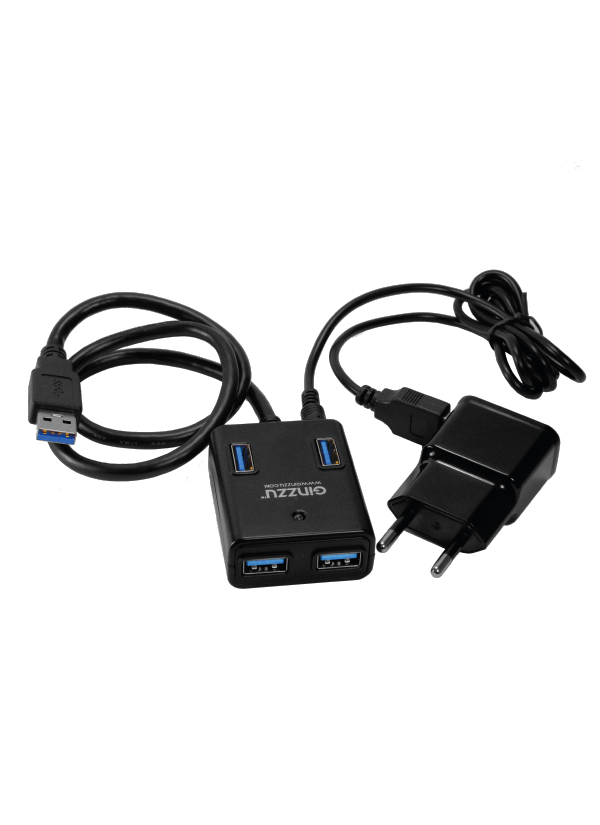Концентратор Ginzzu GR-384UAB, 4xUSB 3.0, блок питания, черный