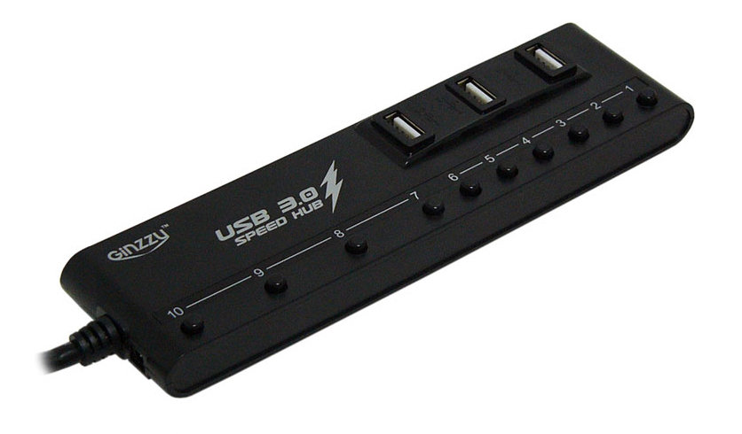 Концентратор Ginzzu GR-380UAB, 6xUSB 2.0, 4xUSB 3.0, блок питания, черный