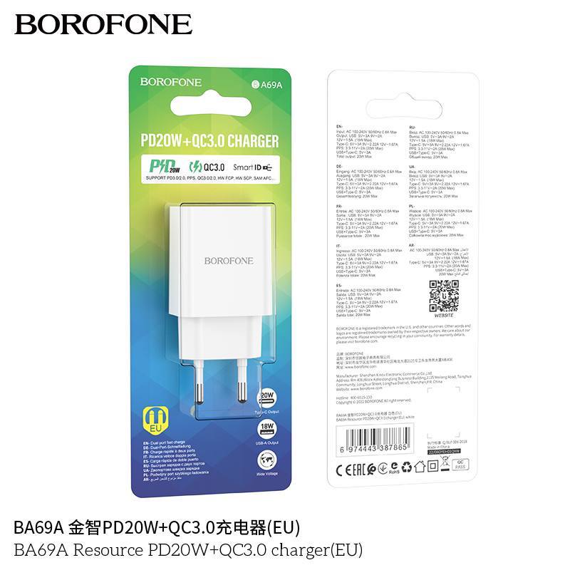 

Сетевое зарядное устройство Borofone BA69A 20 Вт, USB, EU, USB type-C, Quick Charge, PD, белый (6974443387865), BA69A