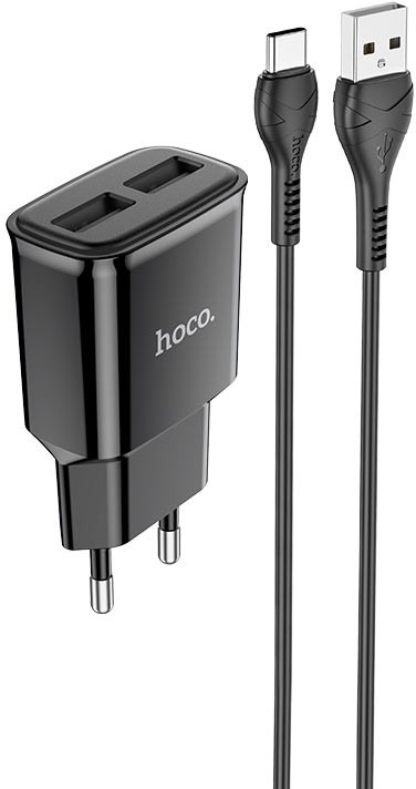 

Сетевое зарядное устройство Hoco C88A, 2xUSB, EU, черный (6931474749543), кабель USB Type C, C88A