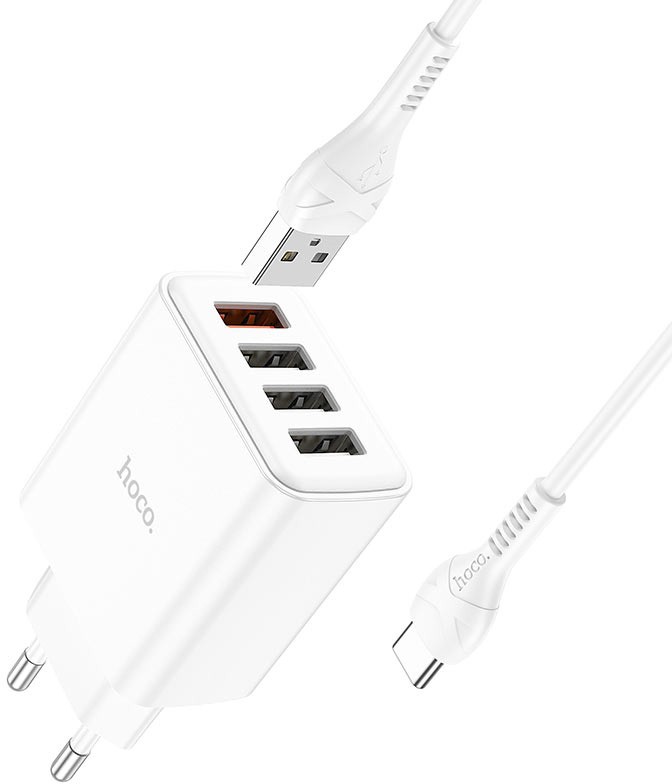 

Сетевое зарядное устройство Hoco C102A 28.5 Вт, 4xUSB, EU, Quick Charge, PD, белый (6931474777744), кабель USB Type C, C102A