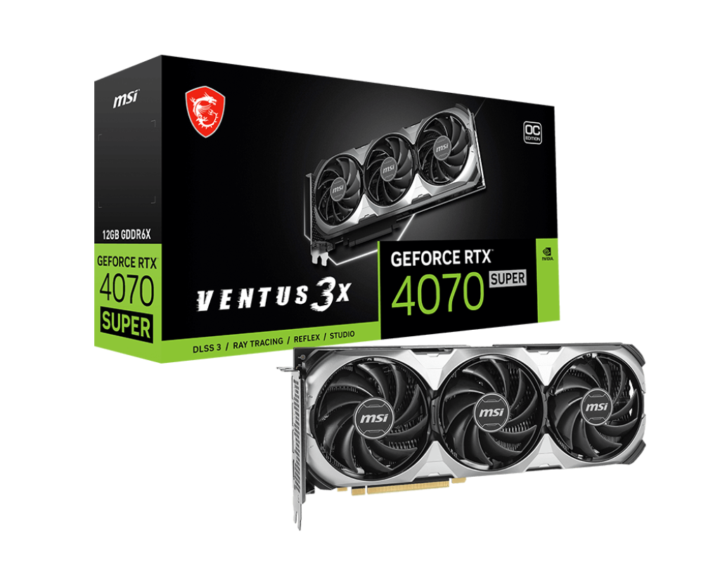 

Видеокарта MSI NVIDIA GeForce RTX 4070 Super VENTUS 3X OC, 12Gb GDDR6X, 192 бит, PCI-E, HDMI, 3DP, Retail (RTX 4070 SUPER 12G VENTUS 3X OC), VENTUS 3X OC
