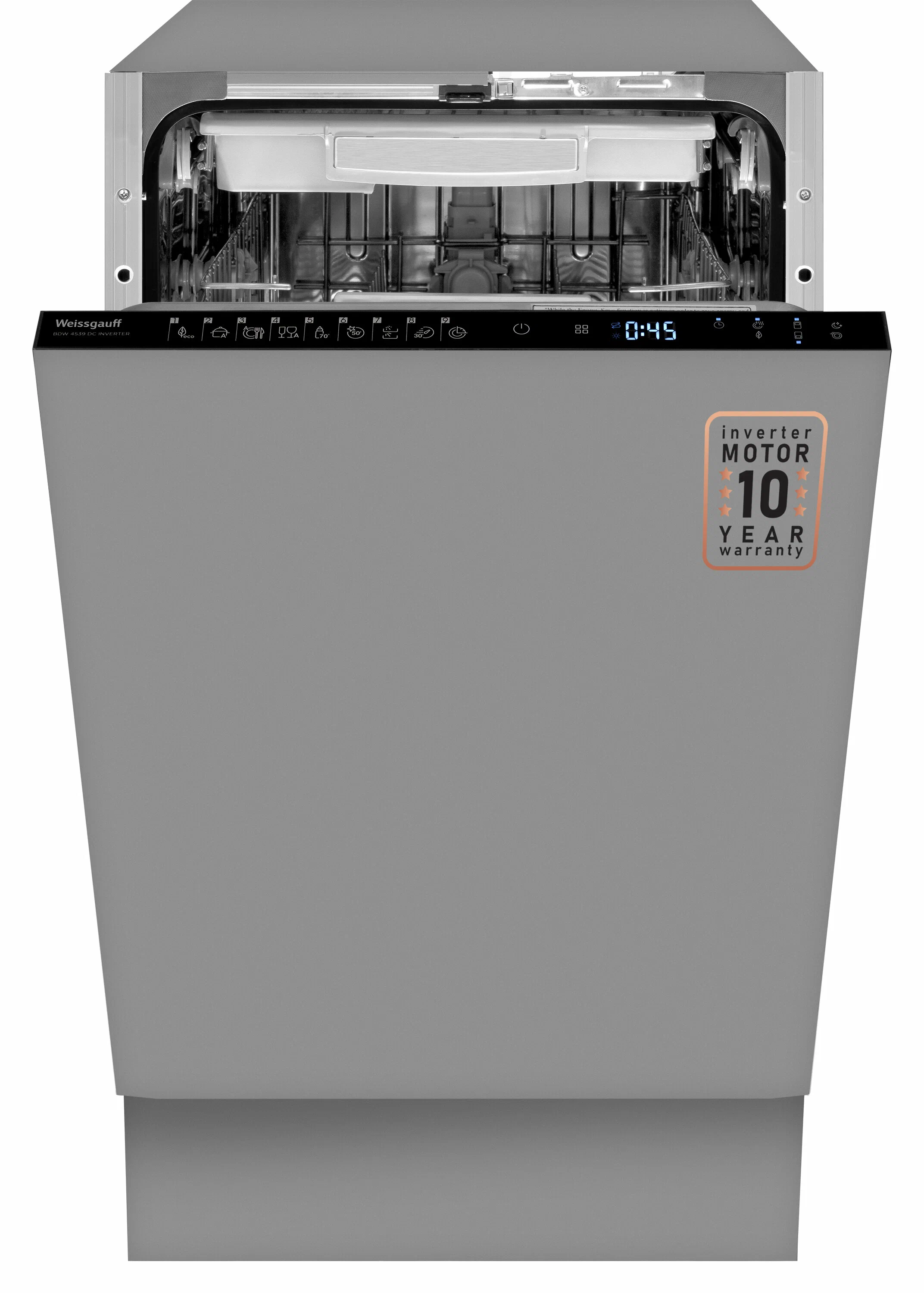 Посудомоечная машина встраиваемая узкая Weissgauff BDW 4539 DC INVERTER, серебристый (BDW 4539 DC INVERTER)