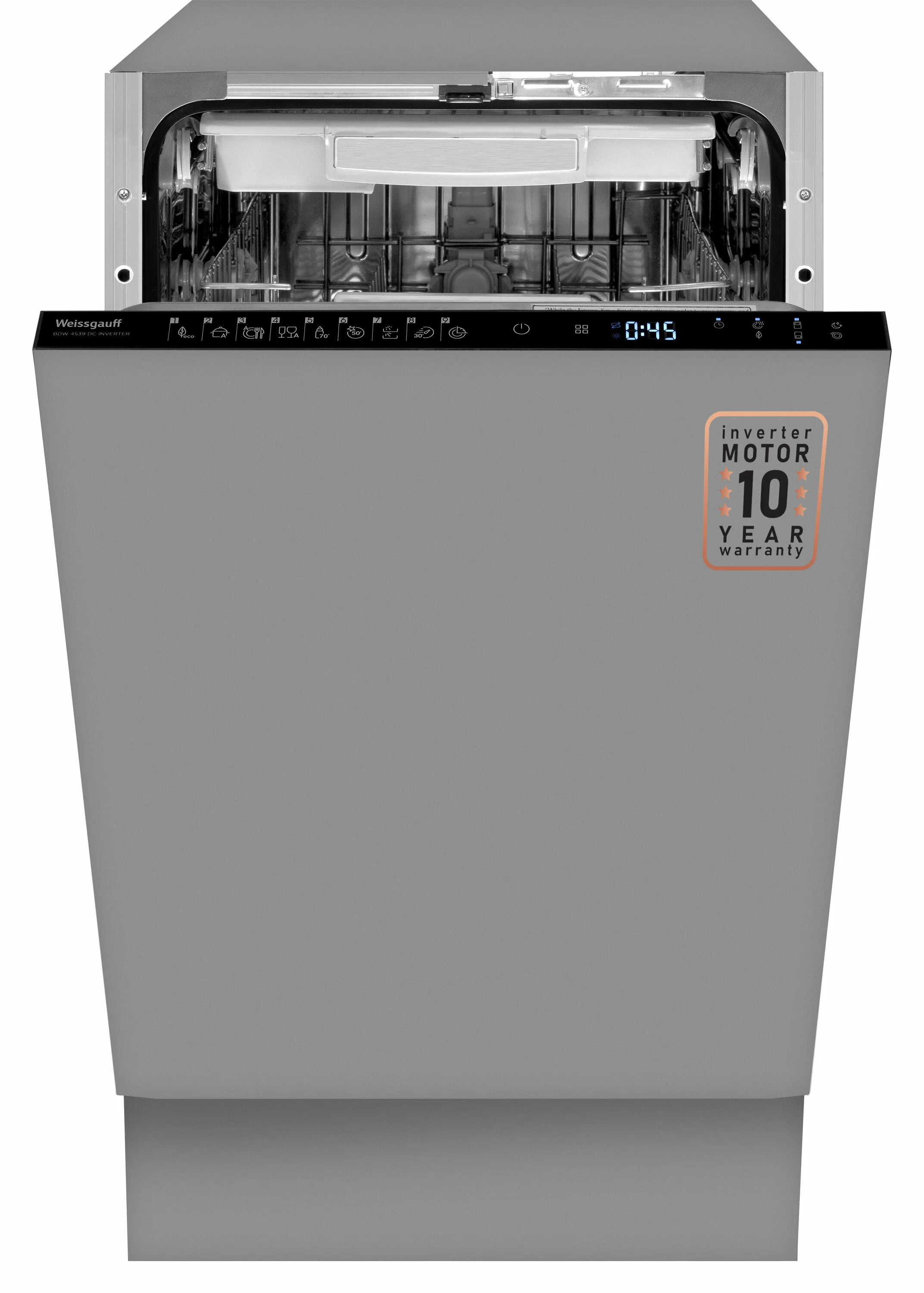 

Посудомоечная машина встраиваемая узкая Weissgauff BDW 4539 DC INVERTER, серебристый (BDW 4539 DC INVERTER), BDW 4539 DC INVERTER