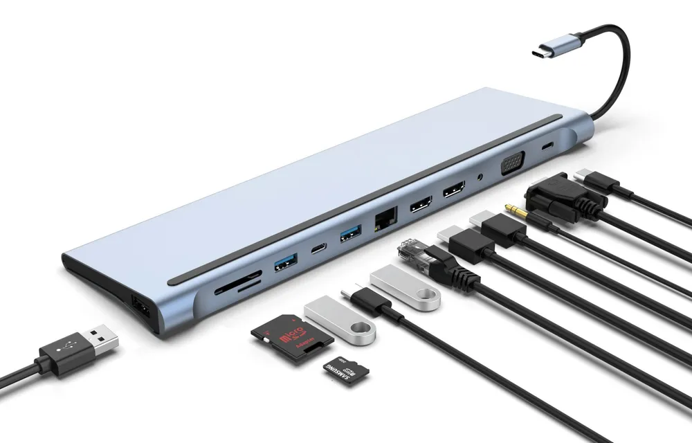 

Док-станция VCOM ACU4700, 2USB3.0, USB2.0, RJ45(100mbs), 2HDMI, VGA, PD, TypeC, TF, SD, audio, серый (ACU4700), ACU4700