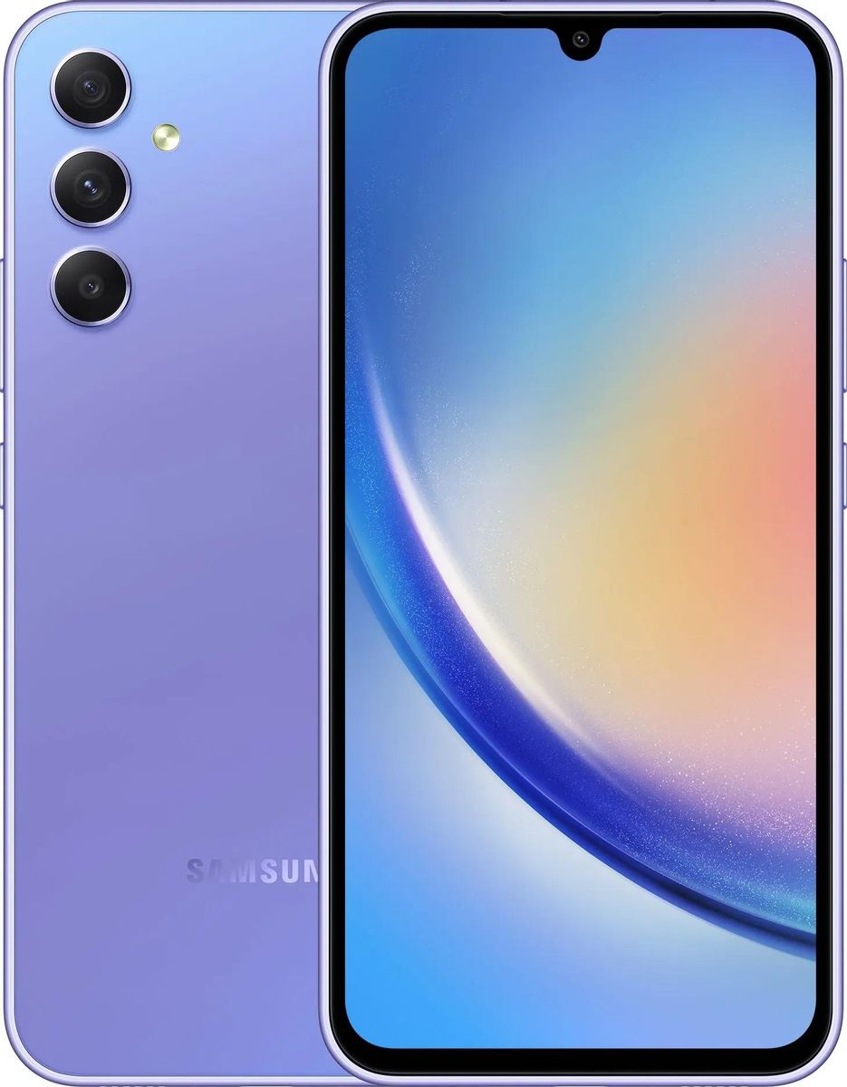 

Смартфон Samsung Galaxy A34, 6.6" 2340x1080 Super AMOLED, MediaTek Dimensity 1080, 6Gb RAM, 128Gb, 3G/4G/5G, NFC, Wi-Fi, BT, 3xCam, 2-Sim, 5000 мА⋅ч, USB Type-C, Android 13, фиолетовый (SM-A346ELVASKZ), Galaxy A34