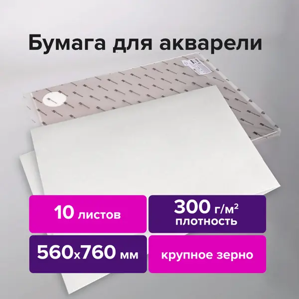 Бумага для акварели 10 листов, 560х760 мм, 300г/м², белый, BRAUBERG ART PREMIERE 113239 (113239)