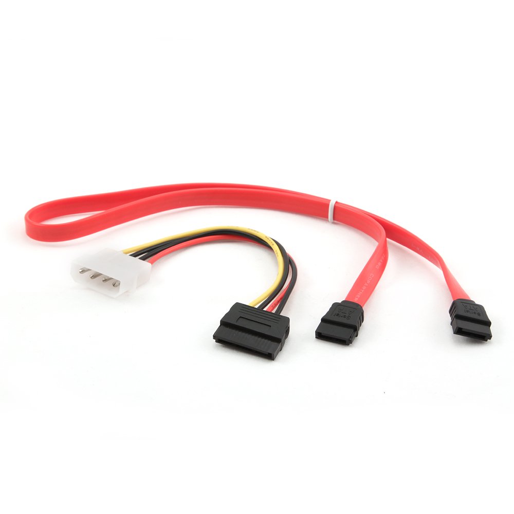 Комплект шлейфов Cablexpert SATA(15-pin)+SATA(7-pin)-SATA(7-pin)+Molex, прямой, 48 см, красный (CC-SATA-N)