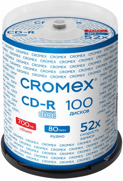 

Диск CROMEX CD-R, 700Mb, 52x, Cake Box, 100 шт (513778)
