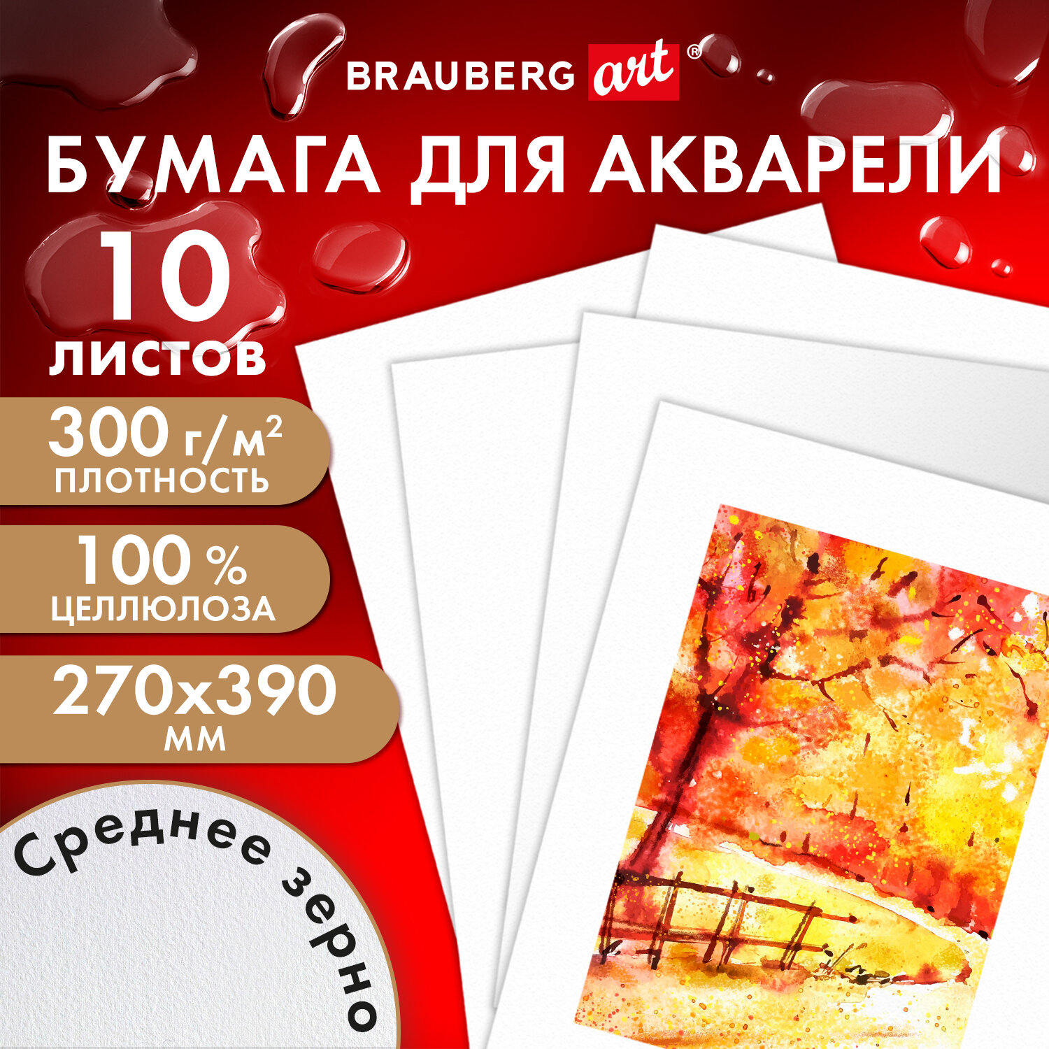 Бумага для акварели 10 листов, 270х390 мм, 300 г/м², картон, белый, BRAUBERG ART PREMIERE (115335)