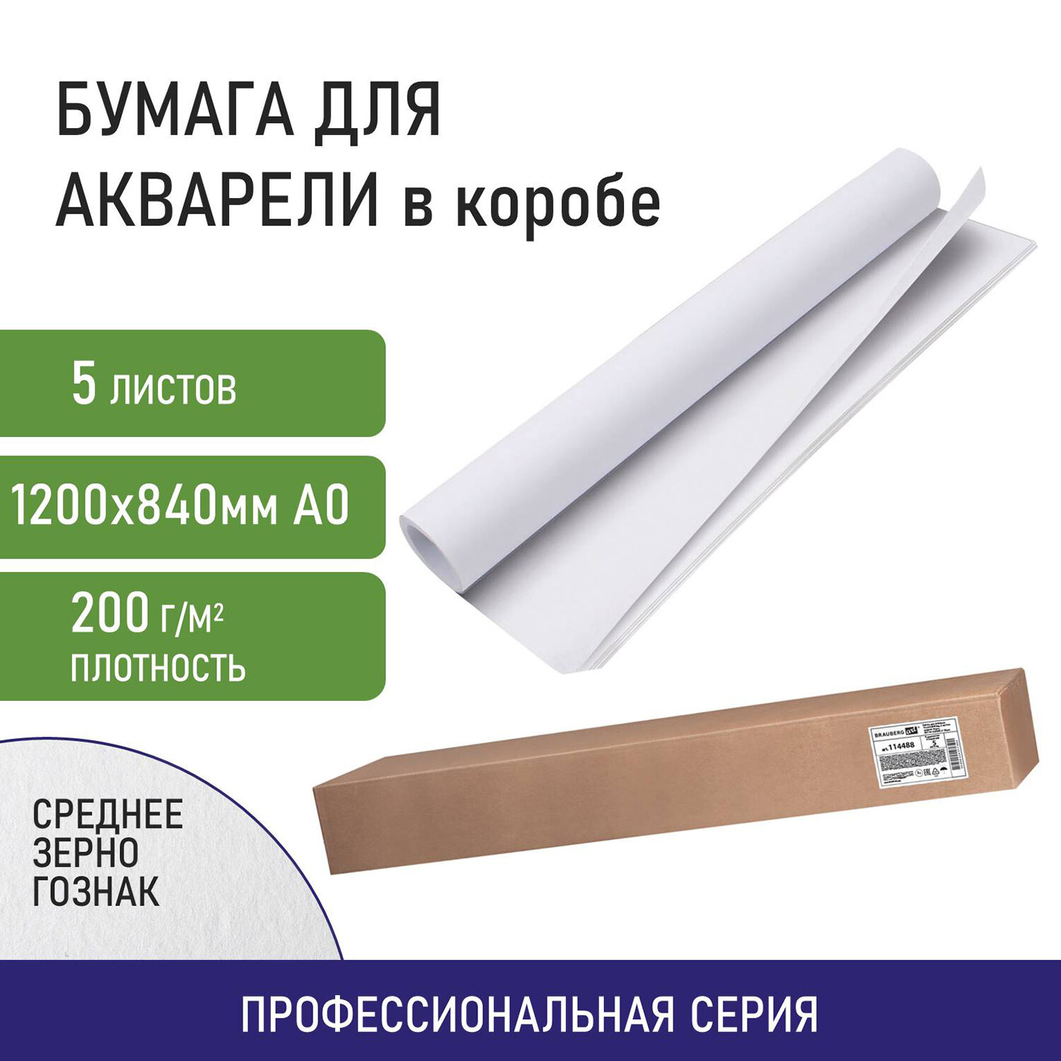 

Бумага для акварели 5 листов, А0, 200 г/м², картонный тубус, белый, BRAUBERG ART CLASSIC (114487)