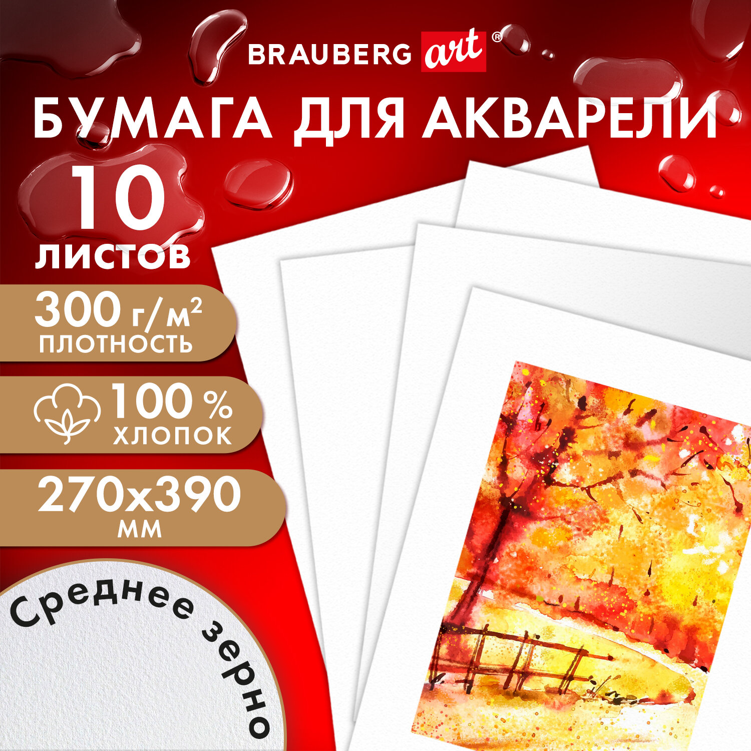 Бумага для акварели 10 листов, 270х390 мм, 300 г/м², картон, белый, BRAUBERG ART PREMIERE (115336)