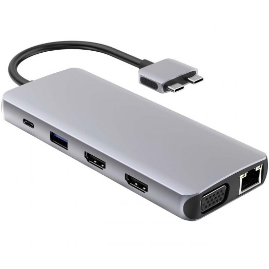 Адаптер RED LINE Type-C 12 в 1, 2xUSB Type-C, серый (УТ000031222)