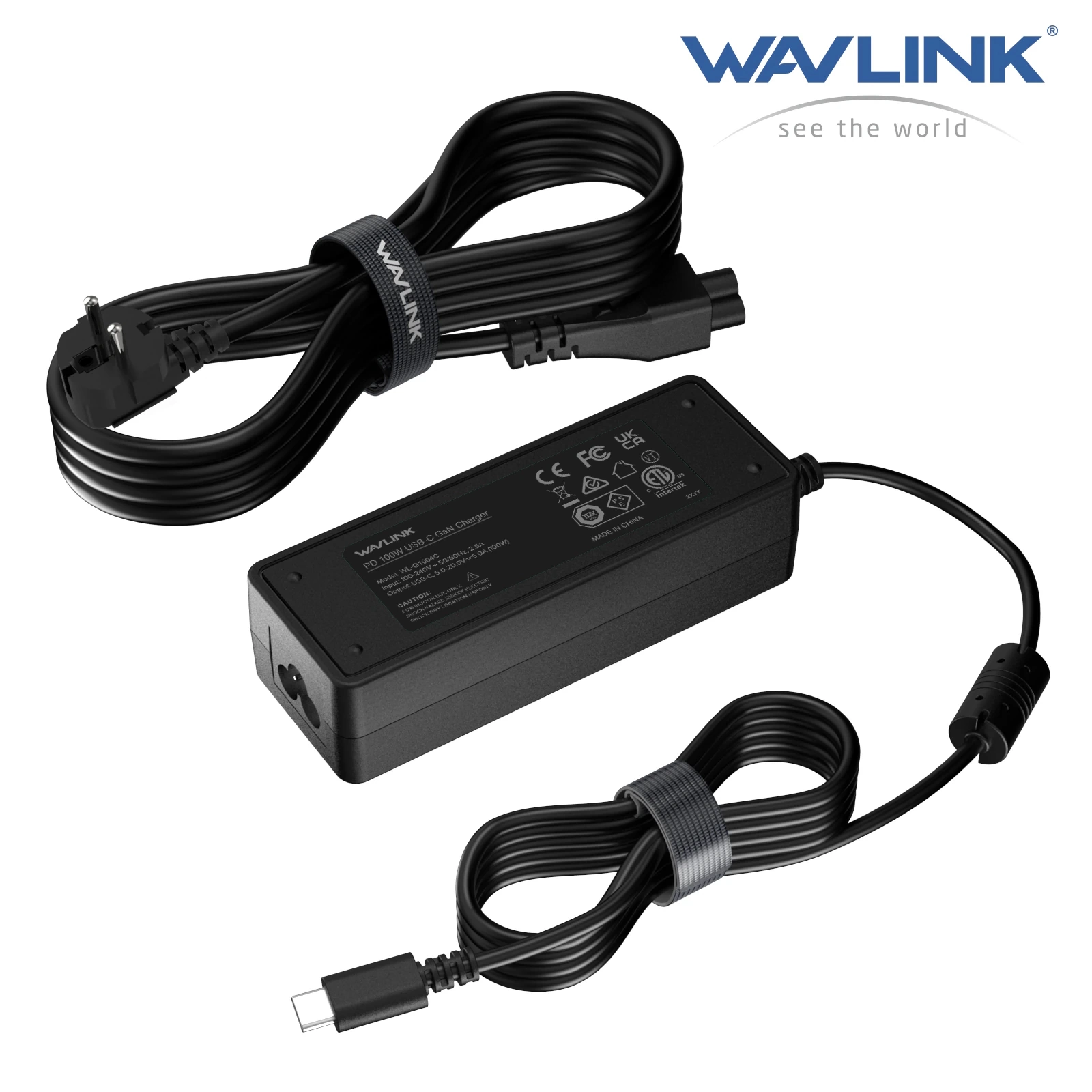 Адаптер питания ноутбука сетевой WAVLINK GaN charger PD 100W, 100 Вт, черный (WL-G1004C)