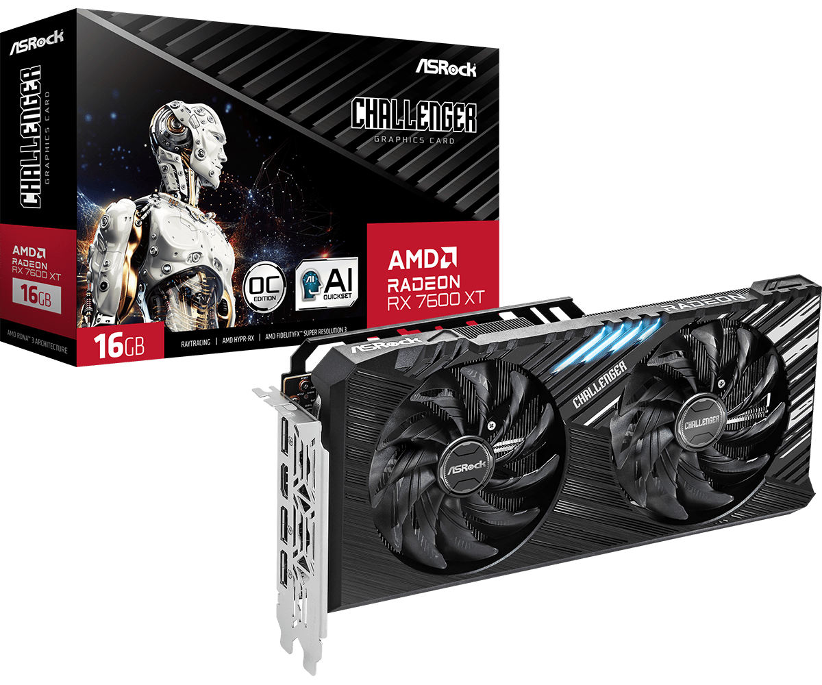 

Видеокарта ASRock AMD Radeon RX 7600XT Challenger OC, 16Gb GDDR6, 128 бит, PCI-E, HDMI, 3DP, Retail (RX7600XT CL 16GO), Challenger OC