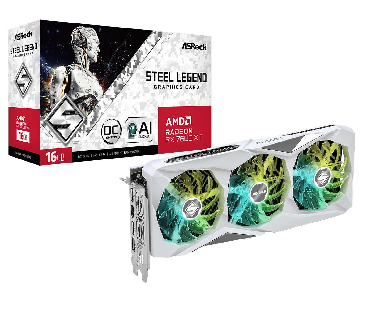 

Видеокарта ASRock AMD Radeon RX 7600XT Steel Legend OC, 16Gb DDR6, 128 бит, PCI-E, HDMI, 3DP, Retail (RX7600XT SL 16GO), Steel Legend OC