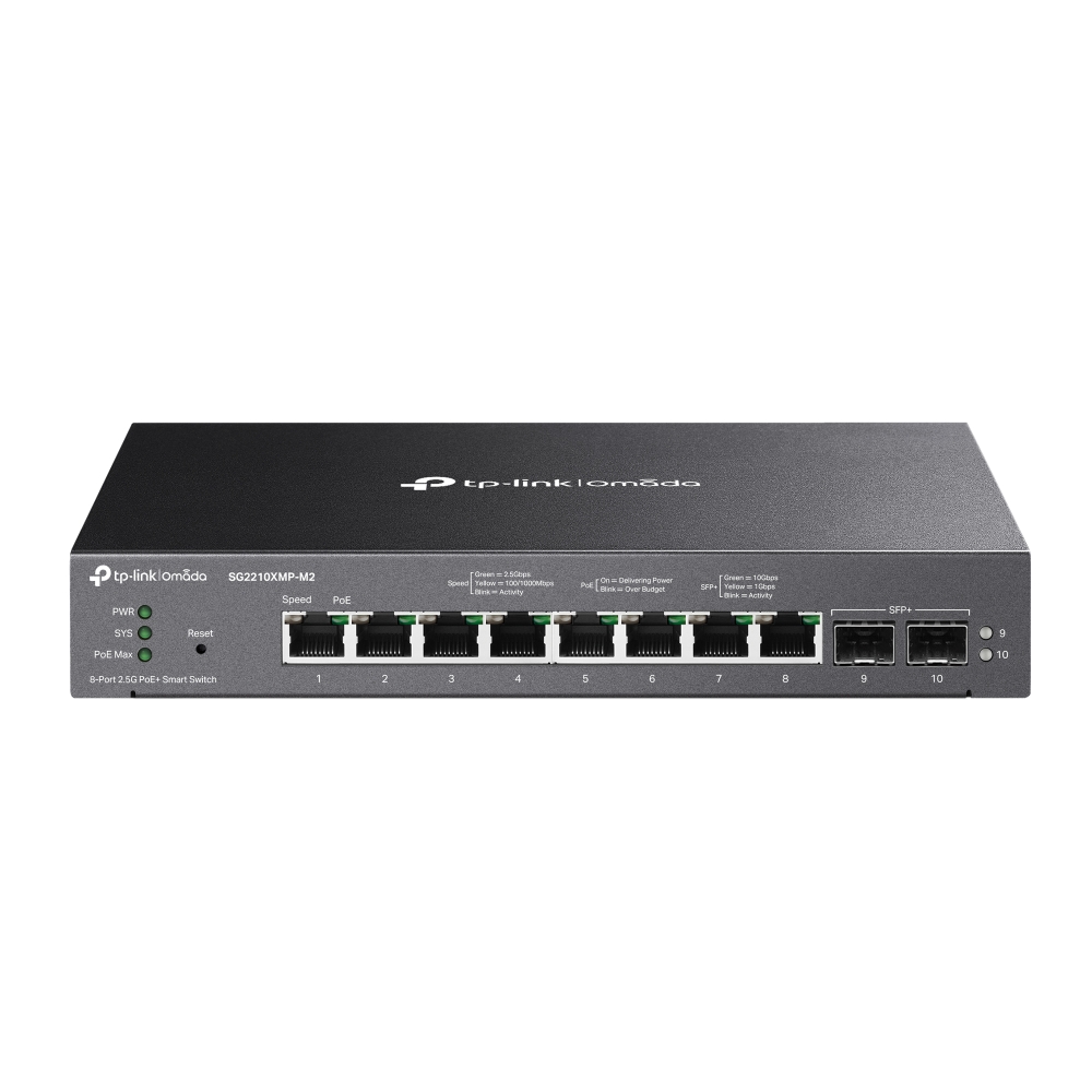 

Коммутатор TP-Link Omada SG2210XMP-M2, управляемый, кол-во портов: 8x2.5 Гбит/с, кол-во SFP/uplink: SFP+ 2x10 Гбит/с, PoE: 8x30 Вт (макс. 160 Вт) (SG2210XMP-M2), SG2210XMP-M2