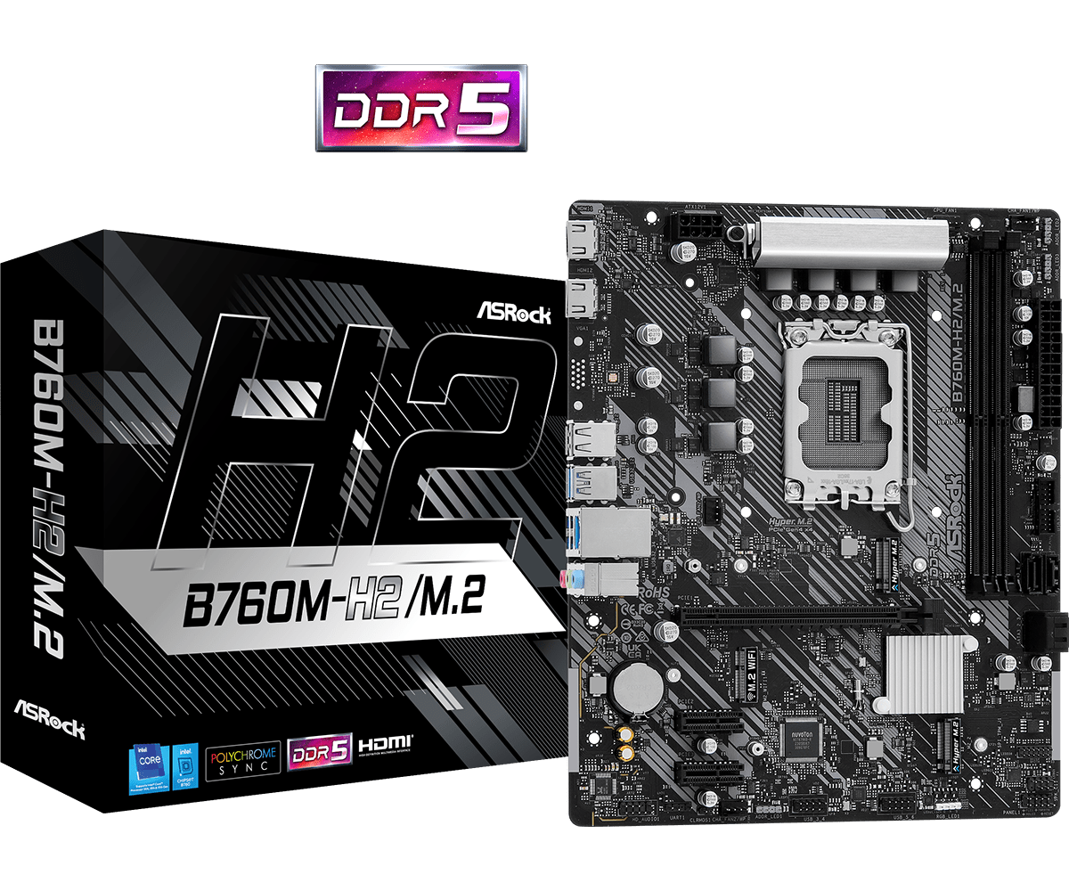 

Материнская плата ASRock B760M-H2/M.2, Socket1700, Intel B760, 2xDDR5 DIMM, PCI-Ex16, 4SATA3, 7.1-ch, 2.5GLAN, 6 USB 3.2, HDMI, mATX, Retail, B760M-H2/M.2