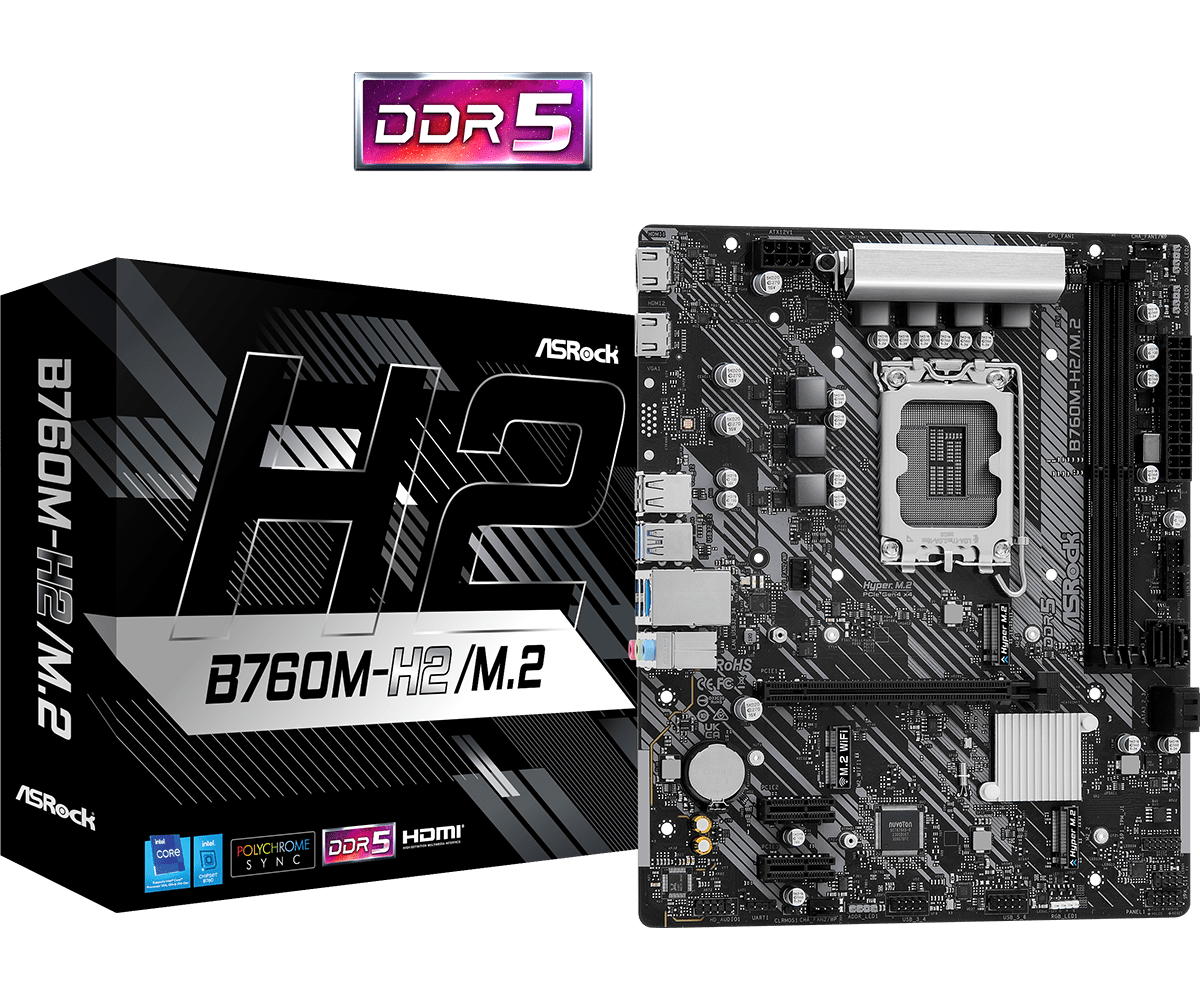 Материнская плата ASRock B760M-H2/M.2, Socket1700, Intel B760, 2xDDR5 DIMM, PCI-Ex16, 4SATA3, 7.1-ch, 2.5GLAN, 6 USB 3.2, HDMI, mATX, Retail