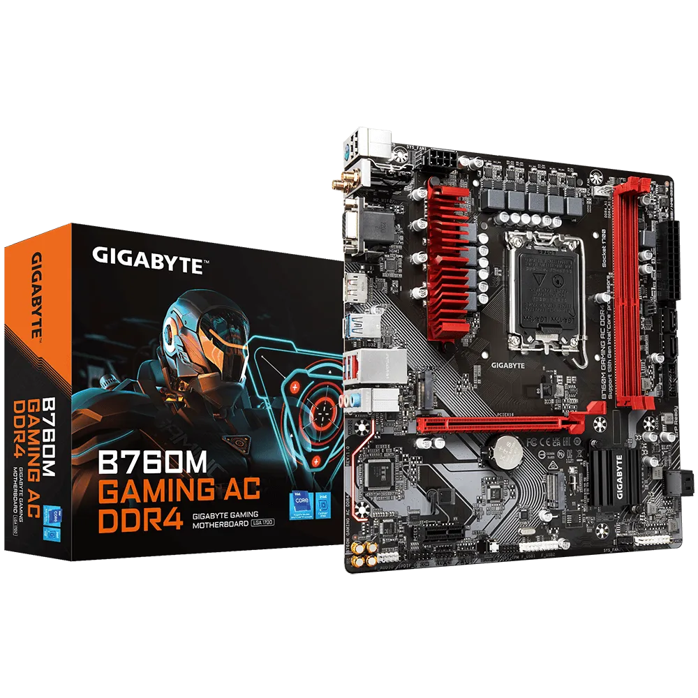 Материнская плата GIGABYTE B760M GAMING AC DDR4, Socket1700, Intel B760, 2xDDR4, PCI-Ex16, 4SATA3, 7.1-ch, 2.5GLAN, 5 USB 3.2, 1 USB Type-C, VGA, HDMI, DP, mATX, Retail - фото 1