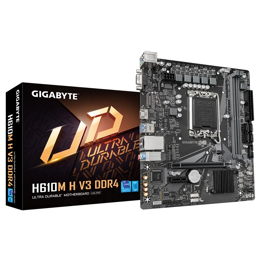 

Материнская плата GIGABYTE H610M H V3 DDR4, Socket1700, Intel H610, 2xDDR4, PCI-Ex16, 4SATA3, 7.1-ch, GLAN, 4 USB 3.2, VGA, HDMI, mATX, Retail, H610M H V3 DDR4