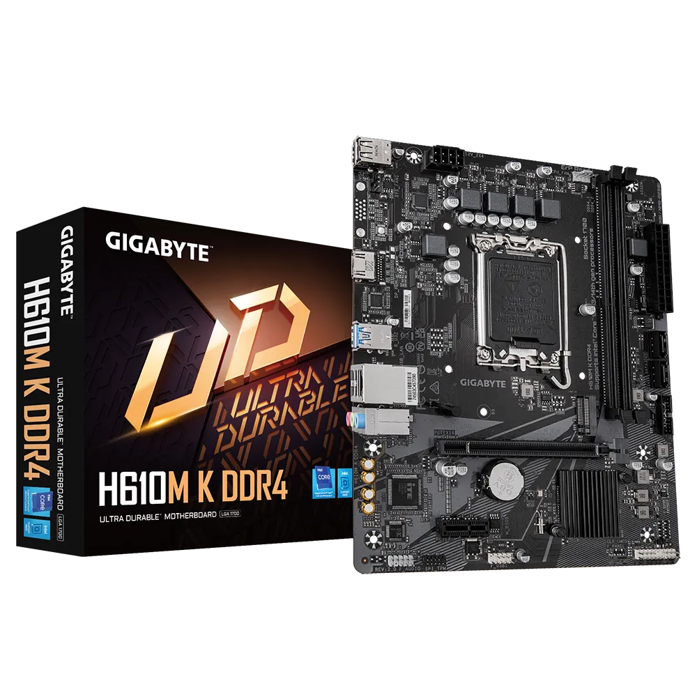 

Материнская плата GIGABYTE H610M K DDR4 2.0, Socket1700, Intel H610, 2xDDR4, PCI-Ex16, 2SATA3, 7.1-ch, GLAN, 4 USB 3.2, HDMI, mATX, Retail, H610M K DDR4 2.0