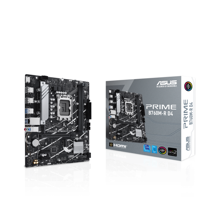 Материнская плата ASUS PRIME B760M-R D4, Socket1700, Intel B760, 2xDDR4, PCI-Ex16, 4SATA3, 7.1-ch, 2.5GLAN, 6 USB 3.2, HDMI, mATX, Retail